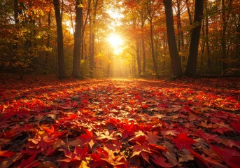 Vibrant Autumn Forest with Fallen Red and Gold Leaves Carpeted on Ground
