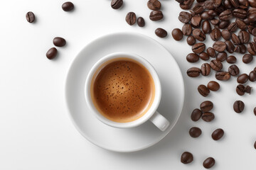 Fototapeta premium Freshly brewed coffee with dark roasted beans on a white table