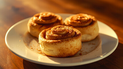 Freshly baked cinnamon rolls on a white plate with warm lighting
