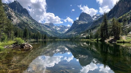   A serene landscape encompassed by majestic mountains, lush greenery, and a vivid blue sky adorned with fluffy clouds