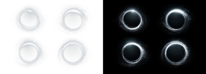 Glowing white dust circle frame with sparkling light particles on black background. sparkling background, magic ring PNG. Set circle frame with sparkling light .