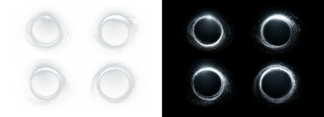 Glowing white dust circle frame with sparkling light particles on black background. Abstract magic ring PNG. Set circle frame with sparkling light .