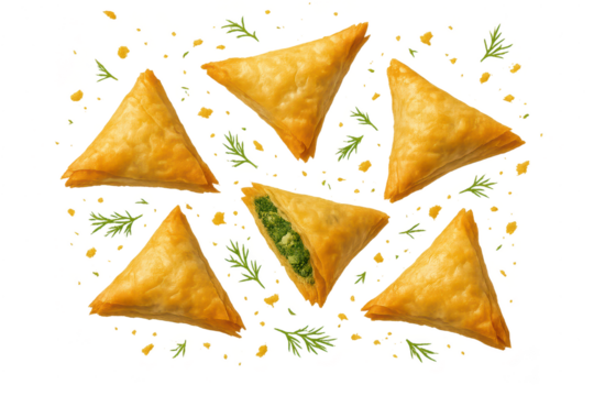Delicious spanakopita triangles isolated on transparent background, cut-out food