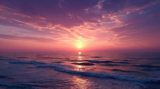   The sun is setting over the ocean as waves roll in front of the beach, casting a mix of pink and blue in the sky