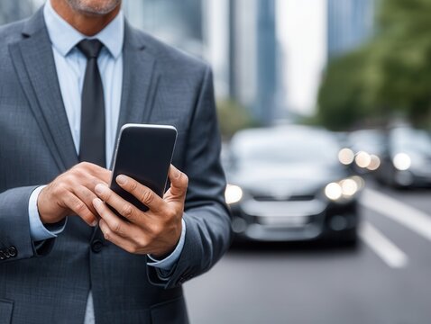 A businessman in a sharp suit uses his smartphone outdoors on a blurred city street with cars, focusing on his hands.