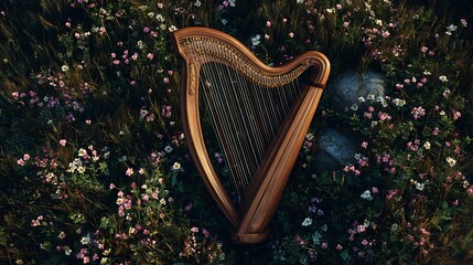 A harp resting on a bed of flowers and grass in a field illuminated by soft natural light