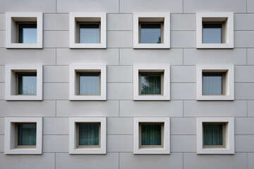Obraz premium Symmetrical gray building facade with multiple square windows