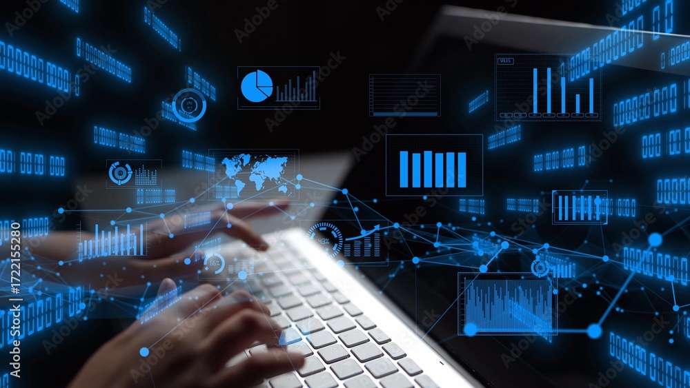 Leinwandbilder hands typing on a keyboard immerse in a digital environment filled with vibrant charts and graphs, s