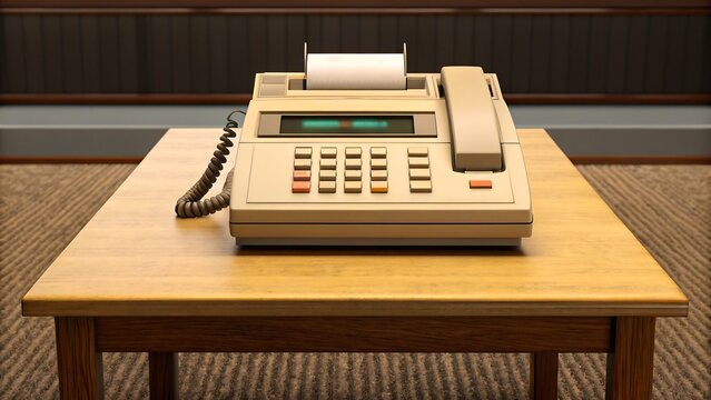 Vintage fax machine with telephone and paper roll on wooden office table
