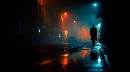 A solitary figure walks through a misty urban street, with reflections on wet pavement and vibrant lights creating a mysterious atmosphere