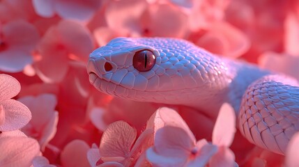Fototapeta premium Pink and white flowers frame a close-up shot of a serene white snake with a striking red eye