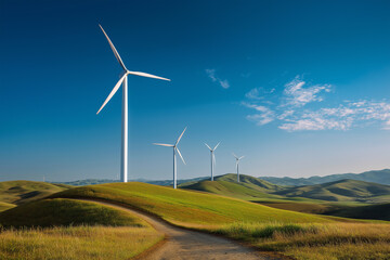 Wind turbines stand tall against a blue sky in a green landscape