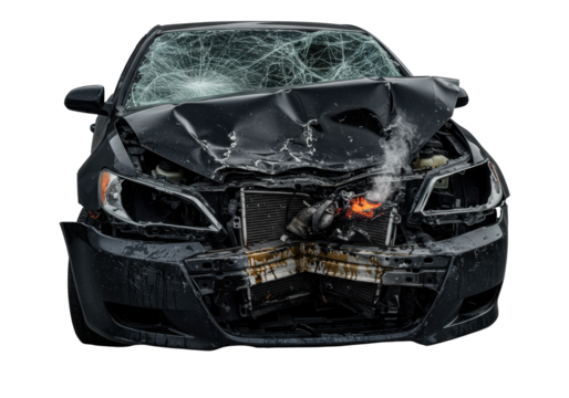 A severely damaged black sedan, extreme close-up of shattered windshield, crumpled hood, exposed engine with oozing oil and steam, on a transparent background. Concept of mechanical devastation