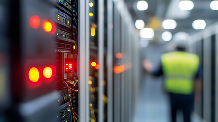 Server Room Maintenance: A technician inspects the blinking lights of the server racks in a brightly lit data center, focusing on hardware monitoring.
