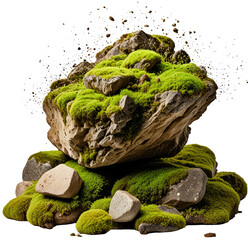 Mossy rock formation, studio shot, nature background, design element