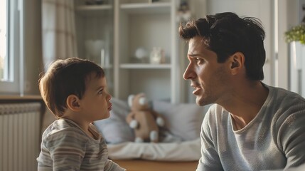 Father and son talking child care parenting family time bonding moment at home lifestyle fatherhood childhood