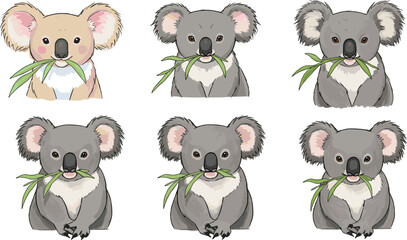 Cartoon koala illustration, cute animal pose, eucalyptus leaf chewing, playful koala characters, gray and beige fur, nature theme, vector drawing, character design © CreativeStorage