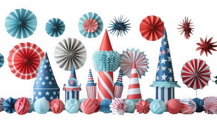 A vibrant display of red, white, and blue decorations, including paper fans, stars, and coneshaped ornaments, isolated on transparent background, evoking a patriotic spirit