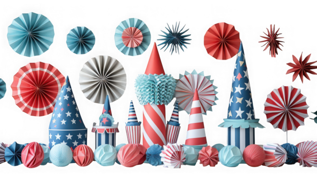 A vibrant display of red, white, and blue decorations, including paper fans, stars, and coneshaped ornaments, isolated on transparent background, evoking a patriotic spirit