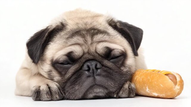 Pug resting with a sausage roll in a bright setting while looking sleepy and content