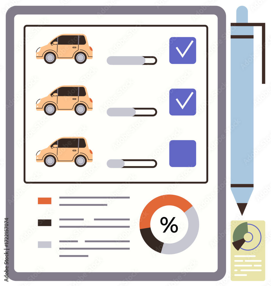 Poster chart showing car options, sliders for comparison, checked boxes for selection, and a pie chart for 