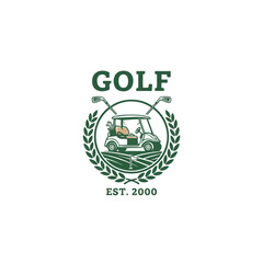 Golf logo featuring a golf cart surrounded by a laurel wreath, with the text golf and est 2000