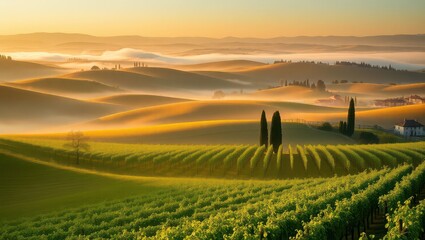 Tuscan landscape at sunrise with rolling hills, vineyards, and cypress trees