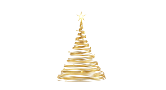 Golden christmas tree isolated on transparent background, a festive and elegant decoration