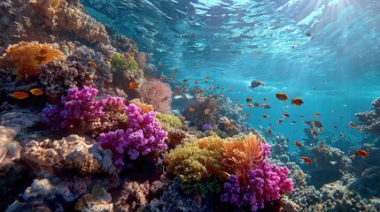 Obraz premium Underwater view of coral reef, featuring colorful corals and small fish swimming