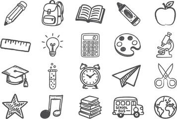 Hand Drawn School Icons Set, Doodle Education Symbol Collection, Sketch Style Classroom Objects, Black and White Learning Illustration, Vector Back to School Elements Pack