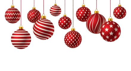 Red christmas balls isolated on transparent background, festive and decorative ornaments