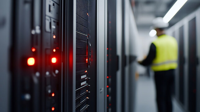 Server room maintenance: A technician in a safety vest checks rows of server racks with blinking lights, ensuring optimal data center performance.