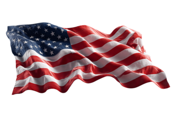 Flowing American Flag with Visible Fabric Texture on Black isolated on a transparent background in PNG format.