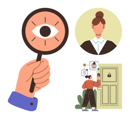 Magnifying glass with an eye, user portrait, and person verifying identity through facial recognition at a locked door. Ideal for security, privacy, technology, biometrics, authentication, identity
