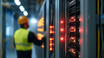 Data Center Technician: Inspecting server racks with illuminated LED indicators. Maintenance and monitoring for peak performance and infrastructure.
