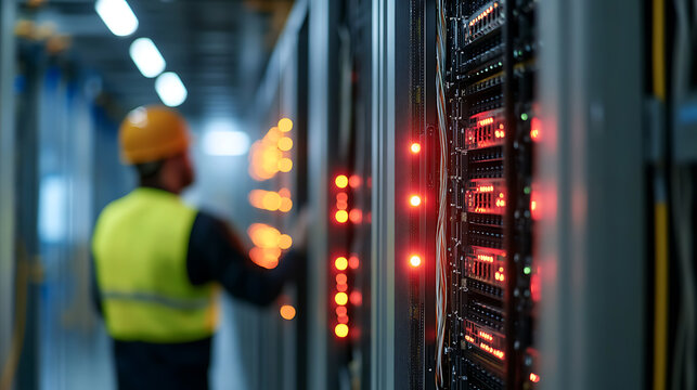 Data Center Technician: Inspecting server racks with illuminated LED indicators. Maintenance and monitoring for peak performance and infrastructure.