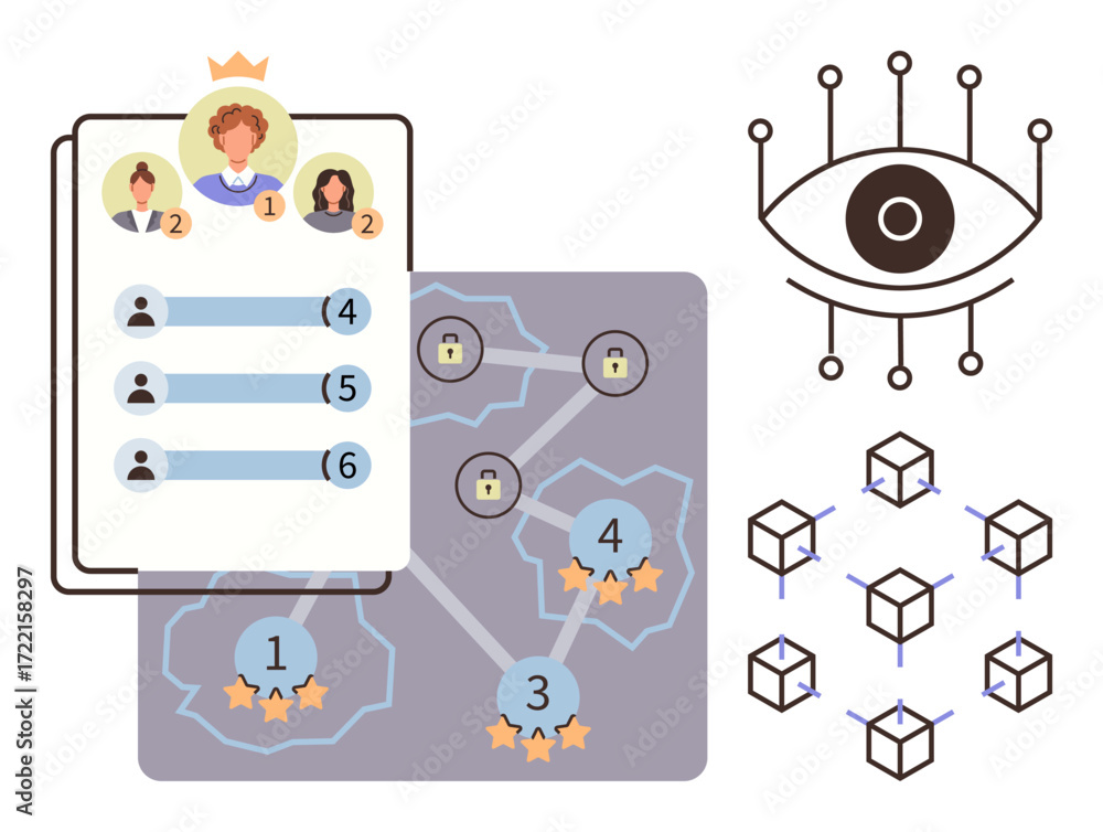Poster user profiles ranked by ratings, interconnected nodes with locks and stars, blockchain cubes, and an