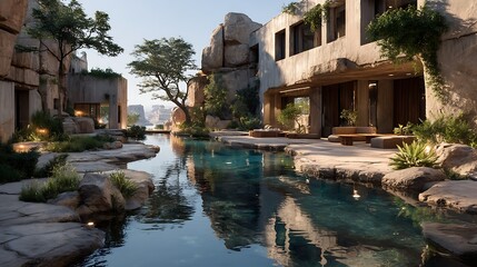 Naklejka premium Modern stone villa with natural pool high resolution image
