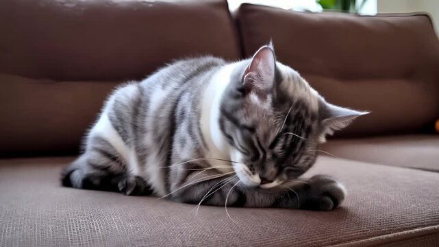 Peaceful gray and white cat drifting into slumber, nestling comfortably on soft brown sofa, surrendering to gentle relaxation