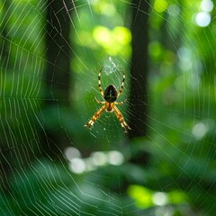 Spider in web, green forest background