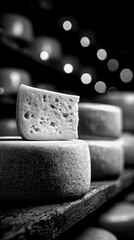 Cheese aging in a rustic cellar with soft lighting and textures