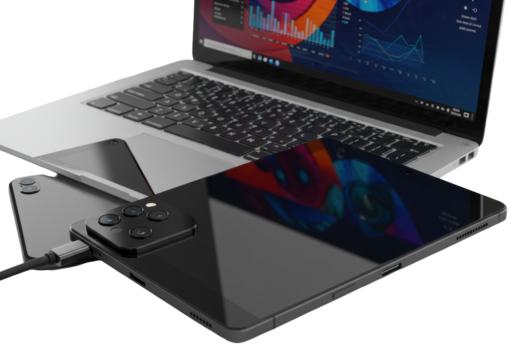 Extreme close-up macro of modern silver laptop, sleek glossy tablet with finger shadow, and matte black smartphone, all on a seamless transparent background, concept of technological sophistication