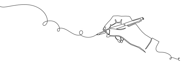 Continuous one line pen hand pencil write one art icon book journal sketch. Sign line pen hand vector signature letter notebook person background contract document single legal white school paper © Максим Зайков