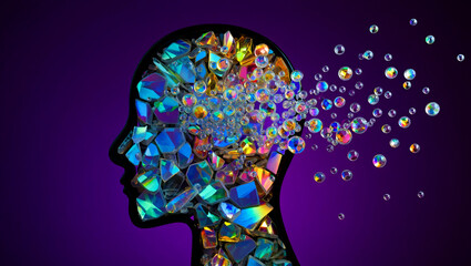 Abstract human head dissolving into colorful crystals and bubbles silhouette gems