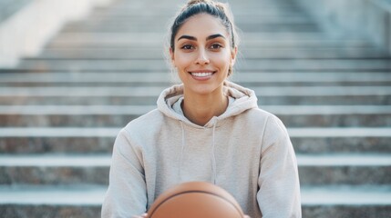 Smiling woman holds basketball while sitting on outdoor steps at sunset