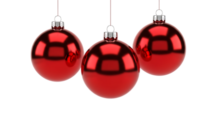 Three shiny red christmas baubles hanging gracefully isolated on transparent background, festive decor