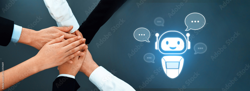 Poster a cohesive team of diverse hands shows unity while a friendly robot stands with speech bubbles, illu