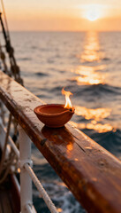 A terracotta diya burning on a wooden railing with the ocean and sunset in the background at dusk time