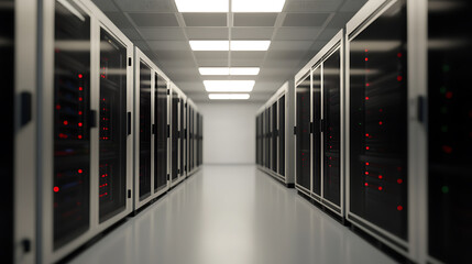 Fototapeta premium Server Room: Rows of servers line a corridor, illuminated by ceiling lights. Represents technology infrastructure, data management, and network communication.
