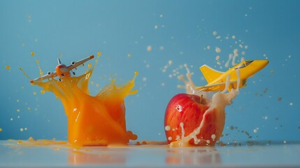 Airplane crash landing into fruit juice splash with apple and blue background still life photography